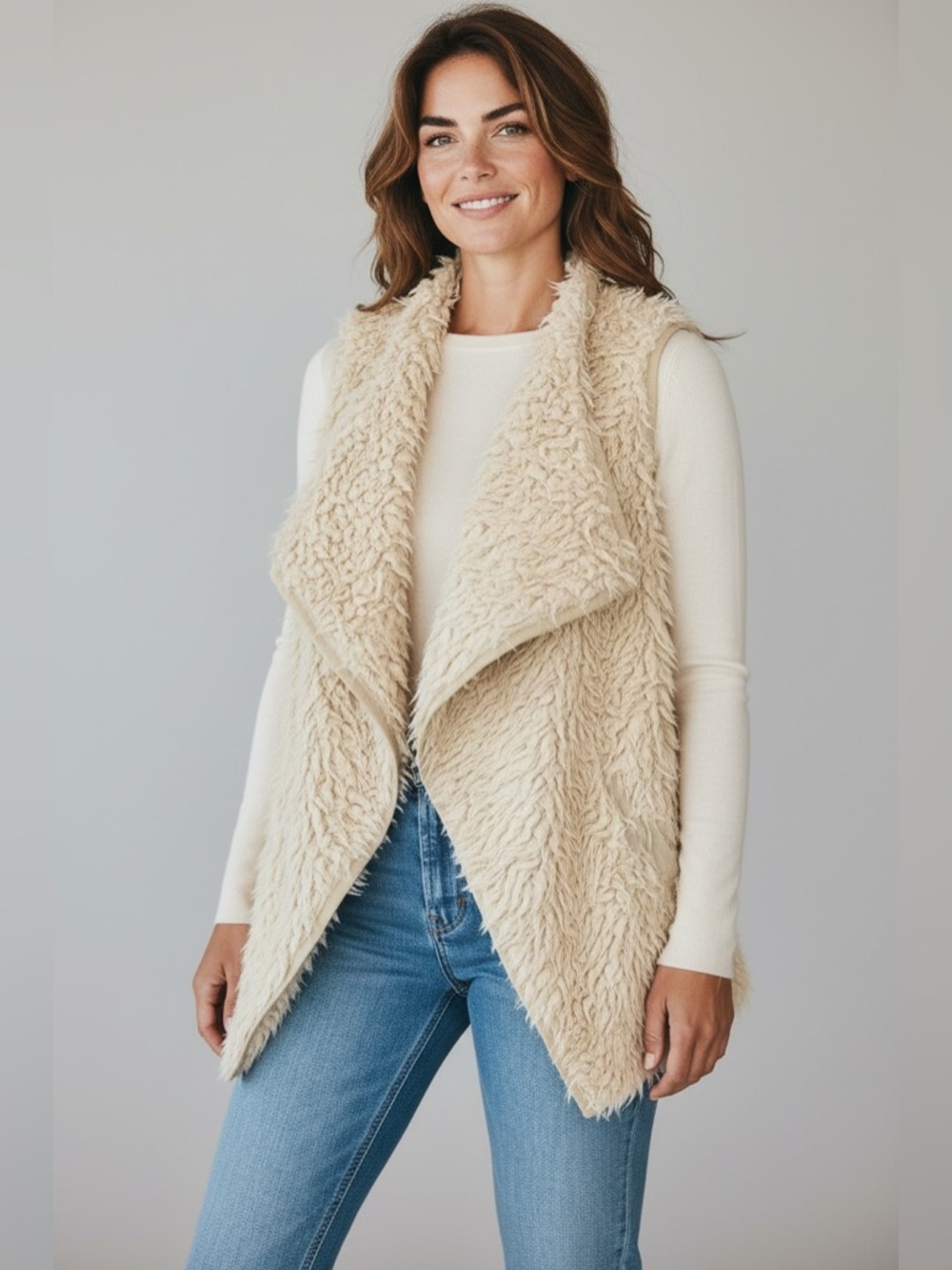 Davi & Dani Faux Fur Open Front Vest // Beige // Large